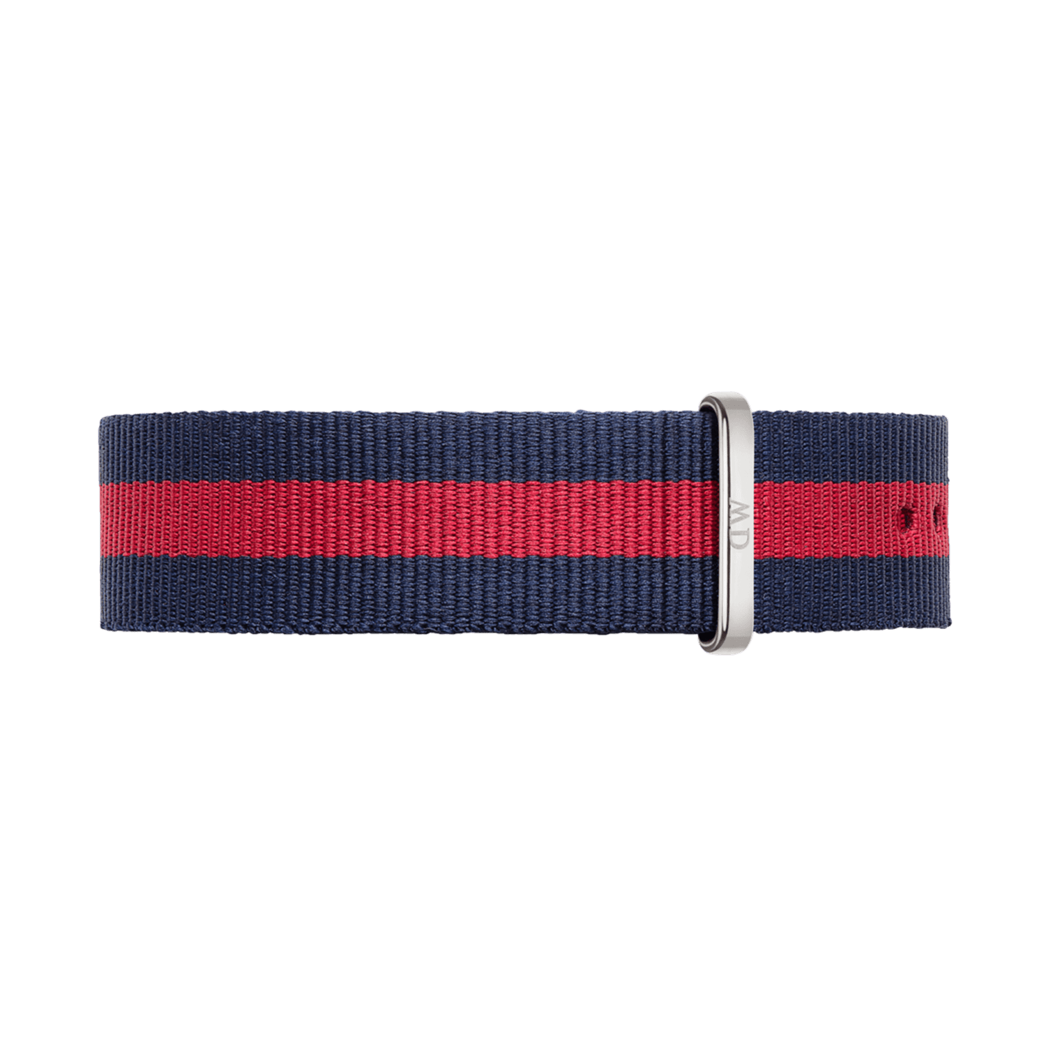 Navy blue and red striped NATO style watch strap made from durable polyester, featuring a polished silver buckle and adjustable holes for a secure fit.