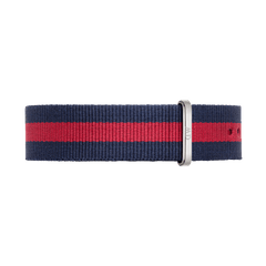 Navy blue and red striped NATO style watch strap made from durable polyester, featuring a polished silver buckle and adjustable holes for a secure fit.