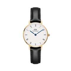 Petite Roman Numerals Sheffield Gold watch with a gold case, white dial featuring Roman numerals and blue steel hands, paired with a slim black leather strap.