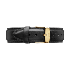 Black genuine leather watch strap with a polished gold buckle, designed for the Classic Sheffield Gold, offering a secure and comfortable fit with a refined, timeless look.