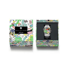 Steven Harrington x Daniel Wellington Iconic Link Multicolor watch presented in limited edition packaging, featuring vibrant pop-art illustrations on both the box and the multicolour dial.