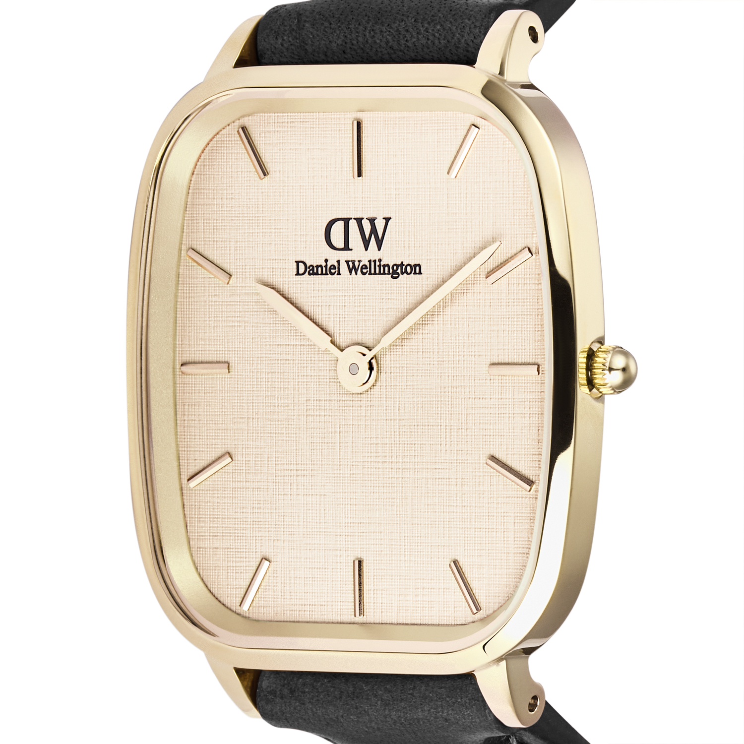 Marlon Sheffield Linen Gold men's watch featuring a polished gold cushion-shaped case, linen-textured dial, minimalist gold hour markers, and a classic black leather strap, highlighting its elegant and versatile design.