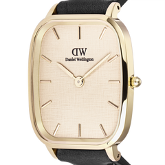 Marlon Sheffield Linen Gold men's watch featuring a polished gold cushion-shaped case, linen-textured dial, minimalist gold hour markers, and a classic black leather strap, highlighting its elegant and versatile design.