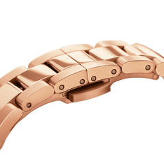 Close-up of the Iconic Link Black Rose Gold watch strap, showing the polished rose gold stainless steel links and adjustable clasp designed for comfort and durability.