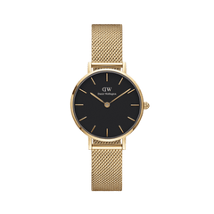 Petite Evergold Black gold mesh strap watch with a minimalist black dial and slim gold hour markers, designed for women seeking a modern, elegant accessory suitable for daily wear.