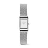 Bound Mini Sterling ladies watch featuring a petite rectangular silver-tone case, minimalist white dial, and slim adjustable mesh strap, ideal for everyday wear and pairing with other jewellery.