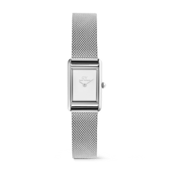 Bound Mini Sterling ladies watch featuring a petite rectangular silver-tone case, minimalist white dial, and slim adjustable mesh strap, ideal for everyday wear and pairing with other jewellery.