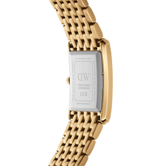 Back view of the Bound 9-Link Gold watch showing the stainless steel case, engraved details, and the integrated gold 9-link bracelet.
