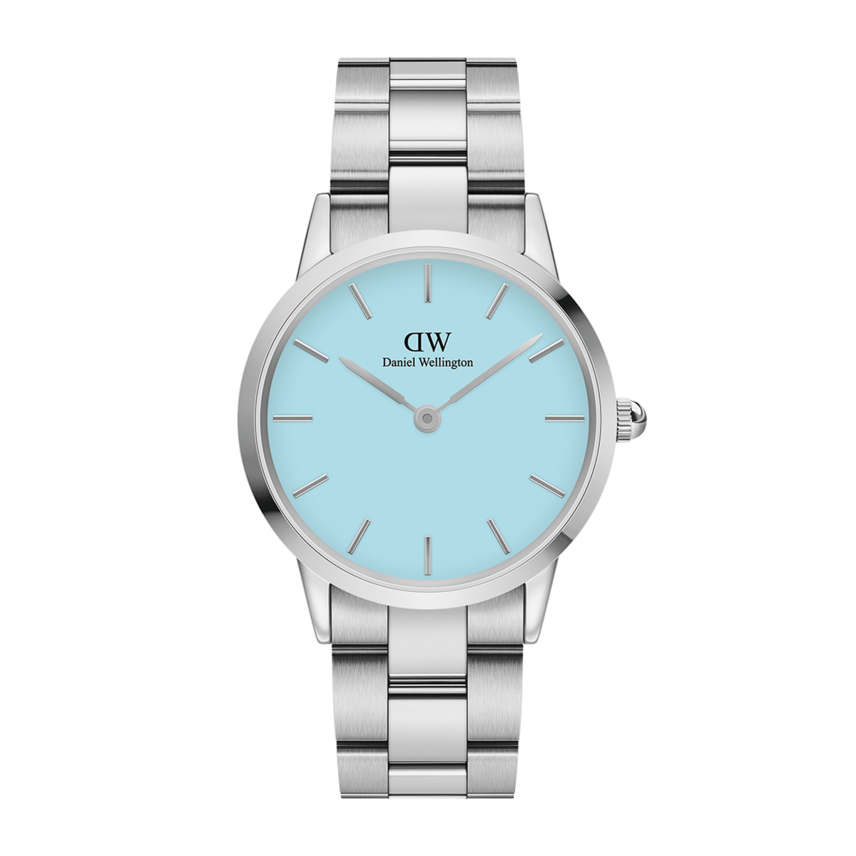 Silver stainless steel bracelet watch with a pastel blue dial, minimalist hour markers, and a secure clasp, designed for women seeking a modern yet timeless accessory.