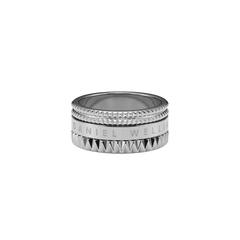 Elevation Ring Silver by Daniel Wellington featuring a wide stainless steel band, geometric textured edges, and a polished engraved centre for a bold, modern look.