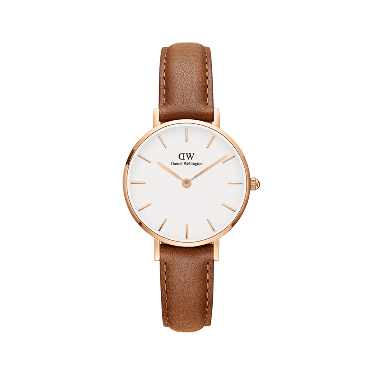Petite Durham Rose Gold ladies watch featuring a slim rose gold case, minimalist eggshell white dial, and a light brown leather strap with visible stitching.