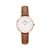 Petite Durham Rose Gold ladies watch featuring a slim rose gold case, minimalist eggshell white dial, and a light brown leather strap with visible stitching.
