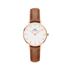 Petite Durham Rose Gold ladies watch featuring a slim rose gold case, minimalist eggshell white dial, and a light brown leather strap with visible stitching.