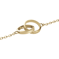 Close-up of the Elan Unity Bracelet pendant, showing two interlocking gold rings with engraved detailing and a delicate chain, crafted from stainless steel with a polished finish.