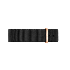 Black NATO style polyester watch strap with an adjustable rose gold buckle, designed for the Classic Cornwall Black Rose Gold watch.