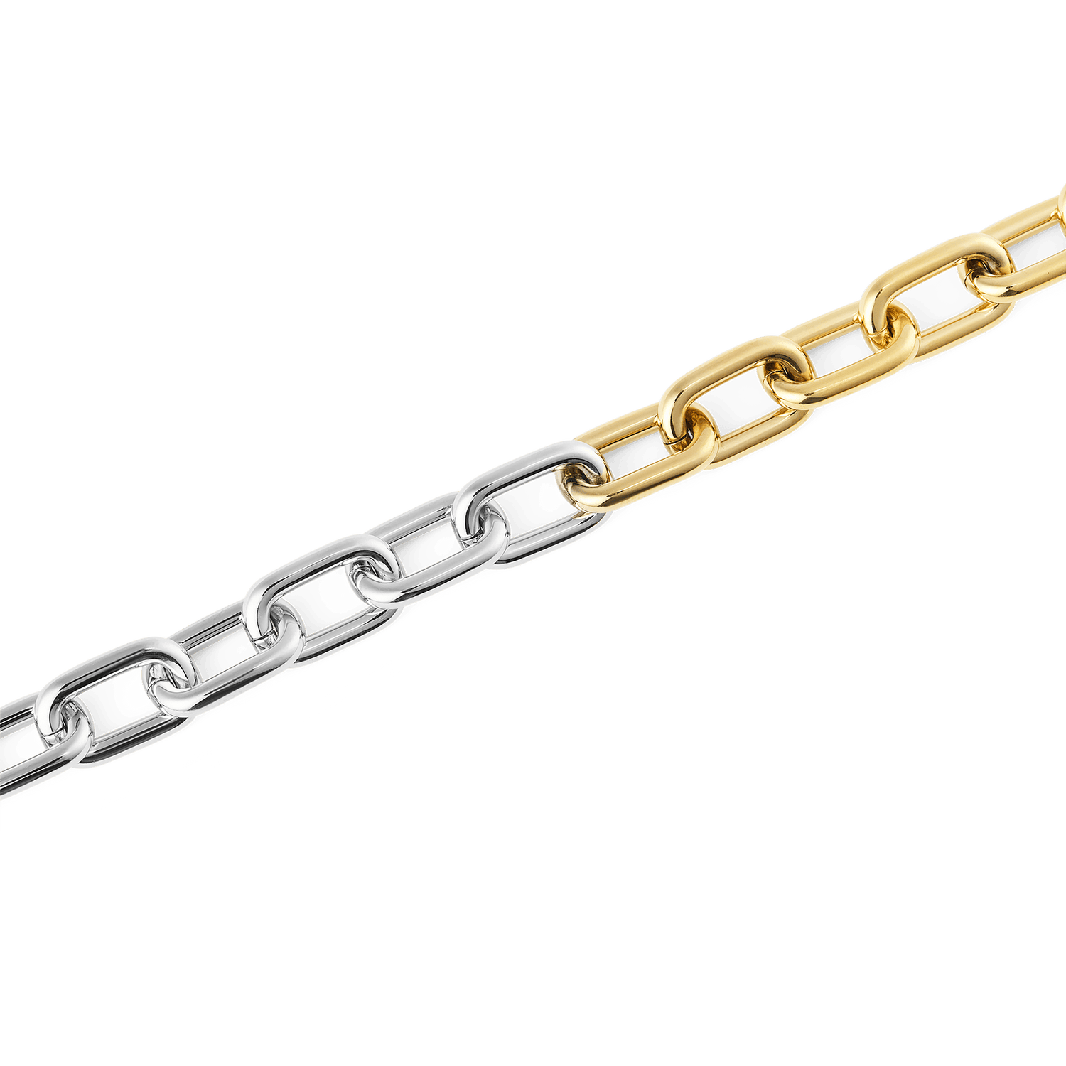 Detailed view of the Contrast Link Necklace Two Tone Gold highlighting the alternating gold and silver architectural links with a sleek, polished finish.