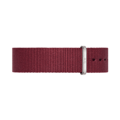 Ruby red NATO strap for the Classic Roselyn Silver watch, crafted from durable polyester with an adjustable fit and a polished stainless steel buckle.