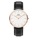 Classic Sheffield Rose Gold watch with a round eggshell white dial, slim rose gold markers and hands, and a smooth black leather strap for a timeless, versatile look.