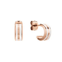 A pair of Daniel Wellington Emalie Earrings in rose gold with a satin white enamel stripe, featuring a minimalist huggie design and engraved branding, shown from both front and side angles.