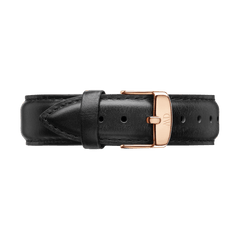 Black genuine leather watch strap with a polished rose gold buckle, designed for the Classic Sheffield Rose Gold watch.