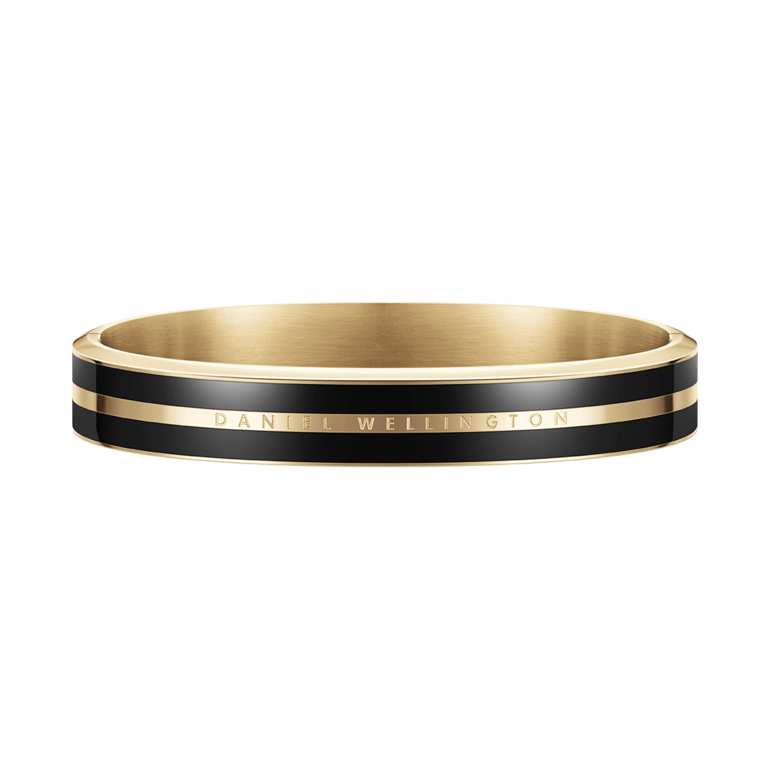 Polished gold and black enamel Emalie Infinite Gold Black bracelet with minimalist design and engraved Daniel Wellington branding, crafted from stainless steel for a refined, modern look.