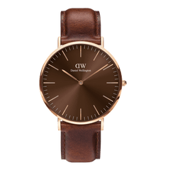 Classic St Mawes Amber Rose Gold men’s watch with a sunray brown dial, minimalist rose gold case, and a brown Italian Nappa leather strap, featuring simple hour markers and a polished buckle for a refined, versatile look.