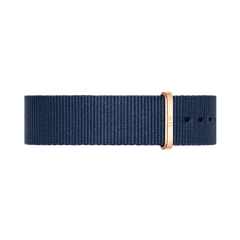 Midnight blue Bayswater Strap Rose Gold NATO watch strap with a rose gold buckle, crafted from durable polyester and designed for easy adjustment and comfortable daily wear.