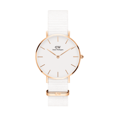 Petite Dover Rose Gold ladies watch with a slim rose gold case, minimalist white dial, and an adjustable white NATO fabric strap, offering a refined and modern style.