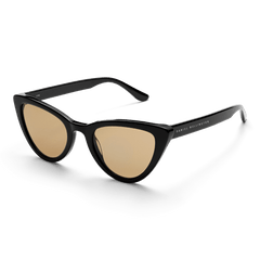 Lynx Bio-Acetate Black/Yellow sunglasses featuring a bold black cat eye frame, yellow nylon lenses, and subtle branding on the arms, designed for stylish UV400 protection and everyday comfort.