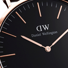 Detail view of the Classic Dover Black Rose Gold watch, featuring rose gold hour markers and hands against a matte black dial for a sophisticated, minimalist finish.