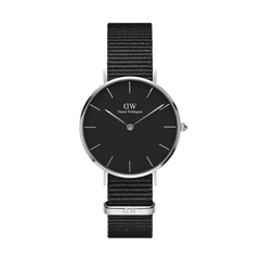 Petite Cornwall Black Silver features a slim silver case, minimalist black dial, and an all-black NATO strap, offering a modern and versatile look ideal for smaller wrists.