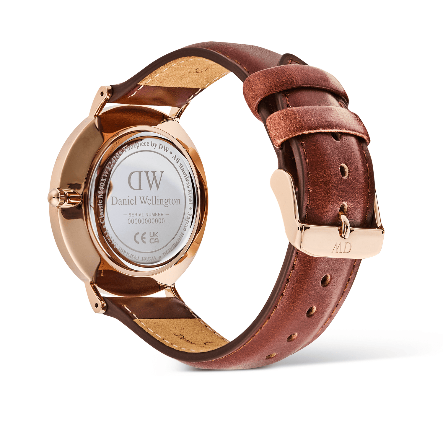 Classic Multi-Eye St Mawes Off-white Sunray Rose Gold men's watch showing the engraved case back, rose gold finish, and stitched brown leather strap with a rose gold pin buckle.