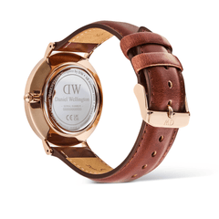 Classic Multi-Eye St Mawes Off-white Sunray Rose Gold men's watch showing the engraved case back, rose gold finish, and stitched brown leather strap with a rose gold pin buckle.