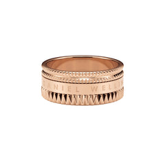 Elevation Ring Rose Gold with a wide band, geometric textured detailing, and the Daniel Wellington logo engraved around the centre, finished in polished rose gold.
