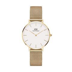 Daniel Wellington Petite Evergold watch featuring a slim gold mesh strap, minimalist eggshell white dial, and gold hour markers for an elegant, timeless look.