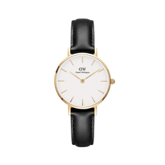 Petite Sheffield Gold watch with a slim gold-plated case, minimalist white dial, and a black genuine leather strap, designed for women seeking a classic and refined accessory.