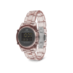 Retro Digital Dark Pink Dark Pink women’s watch with a transparent pink bio-based plastic strap, round black digital dial, and stainless steel butterfly clasp, showcasing a modern retro style.