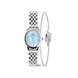 A petite Daniel Wellington watch with a polished silver link strap and an ice blue oval dial, paired with a delicate silver Elan Unity Bracelet featuring a fine chain and signature ring detail.