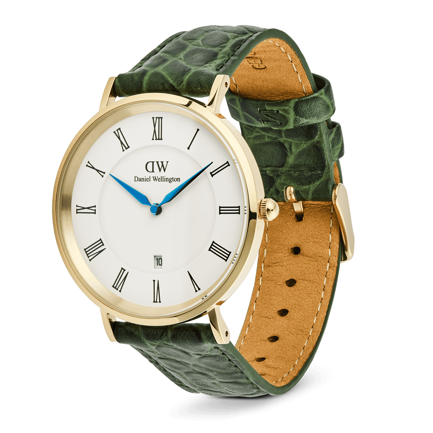 Classic Roman Numerals Date Dark Green Croc Belly Gold watch with a gold-plated case, white dial, black Roman numerals, blue hands, date window, and a textured green crocodile-embossed leather strap.