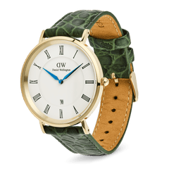Classic Roman Numerals Date Dark Green Croc Belly Gold watch with a gold-plated case, white dial, black Roman numerals, blue hands, date window, and a textured green crocodile-embossed leather strap.