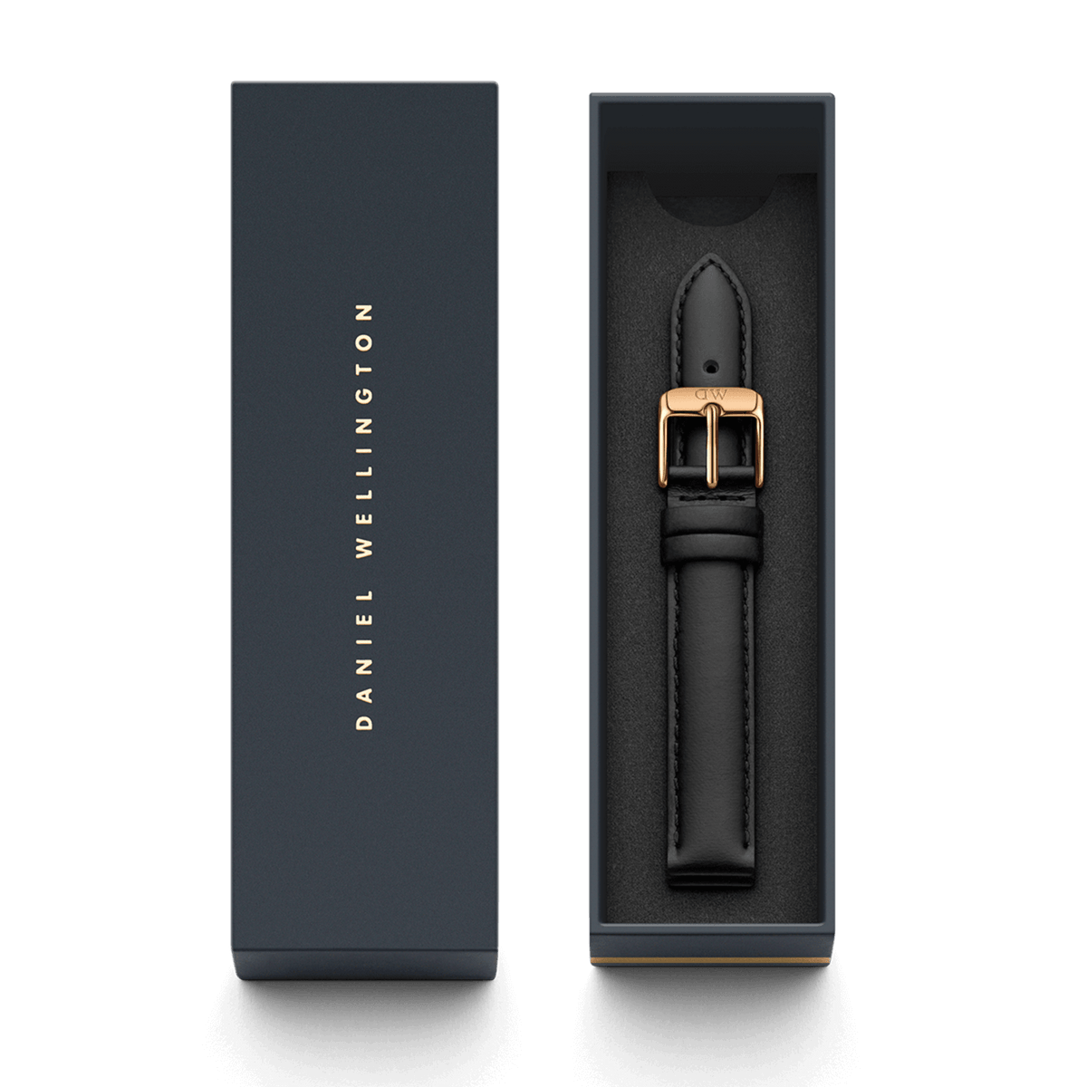 Sheffield Strap Rose Gold presented in a Daniel Wellington gift box, featuring a black genuine leather strap with a rose gold buckle, ideal for gifting or upgrading your watch with a refined finish.