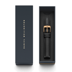 Sheffield Strap Rose Gold presented in a Daniel Wellington gift box, featuring a black genuine leather strap with a rose gold buckle, ideal for gifting or upgrading your watch with a refined finish.