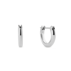 A pair of Arch Earring Silver 9mm hoop earrings crafted from polished stainless steel, featuring a minimalist curved design with a slim 2.5 mm profile and secure pin closure.