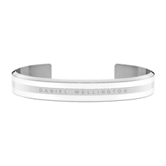 Emalie Bracelet Silver features a minimalist open cuff design with polished silver and satin white enamel, engraved with Daniel Wellington branding for a refined, modern look.