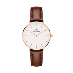 Petite St Mawes rose gold women’s watch with a minimalist white dial and a slim brown leather strap, featuring a refined design ideal for everyday wear and pairing easily with both casual and work outfits.
