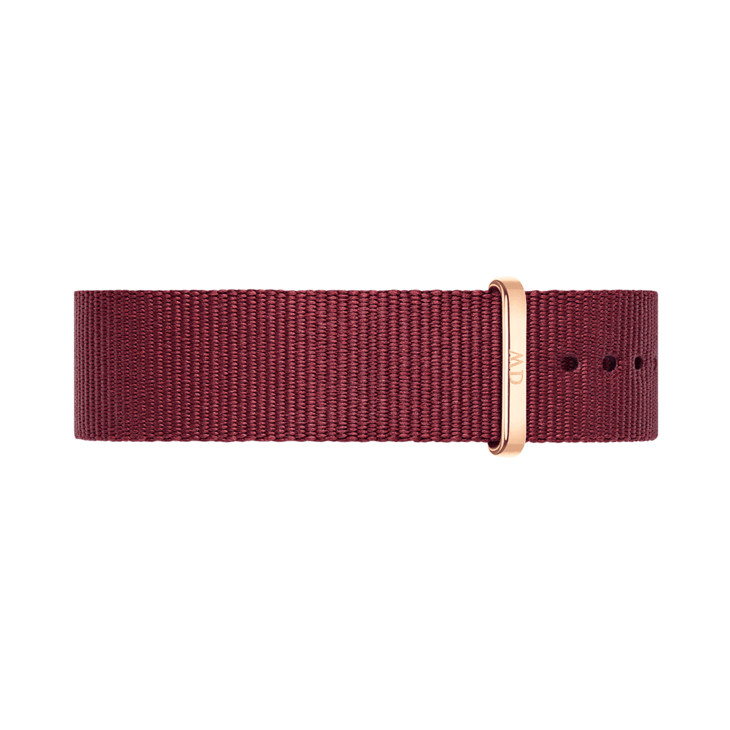Ruby red NATO style watch strap made from durable polyester, featuring a slim profile and a rose gold buckle for a modern, elegant finish.