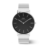 Classic Piano Link Onyx Silver men’s watch with a 40mm brushed black dial, minimalist silver hour markers, and a geometric silver stainless steel piano link strap.