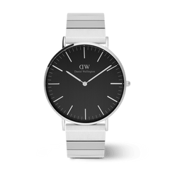 Classic Piano Link Onyx Silver men’s watch with a 40mm brushed black dial, minimalist silver hour markers, and a geometric silver stainless steel piano link strap.