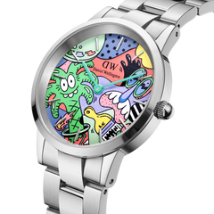 Daniel Wellington Iconic Link Multicolor Silver watch featuring Steven Harrington’s vibrant illustrated dial, polished stainless steel case and bracelet, shown in a close-up angle to highlight the playful artistic details.