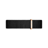Cornwall Strap Rose Gold showcases a black woven NATO-style watch strap with a polished rose gold buckle, designed for a modern and understated look.